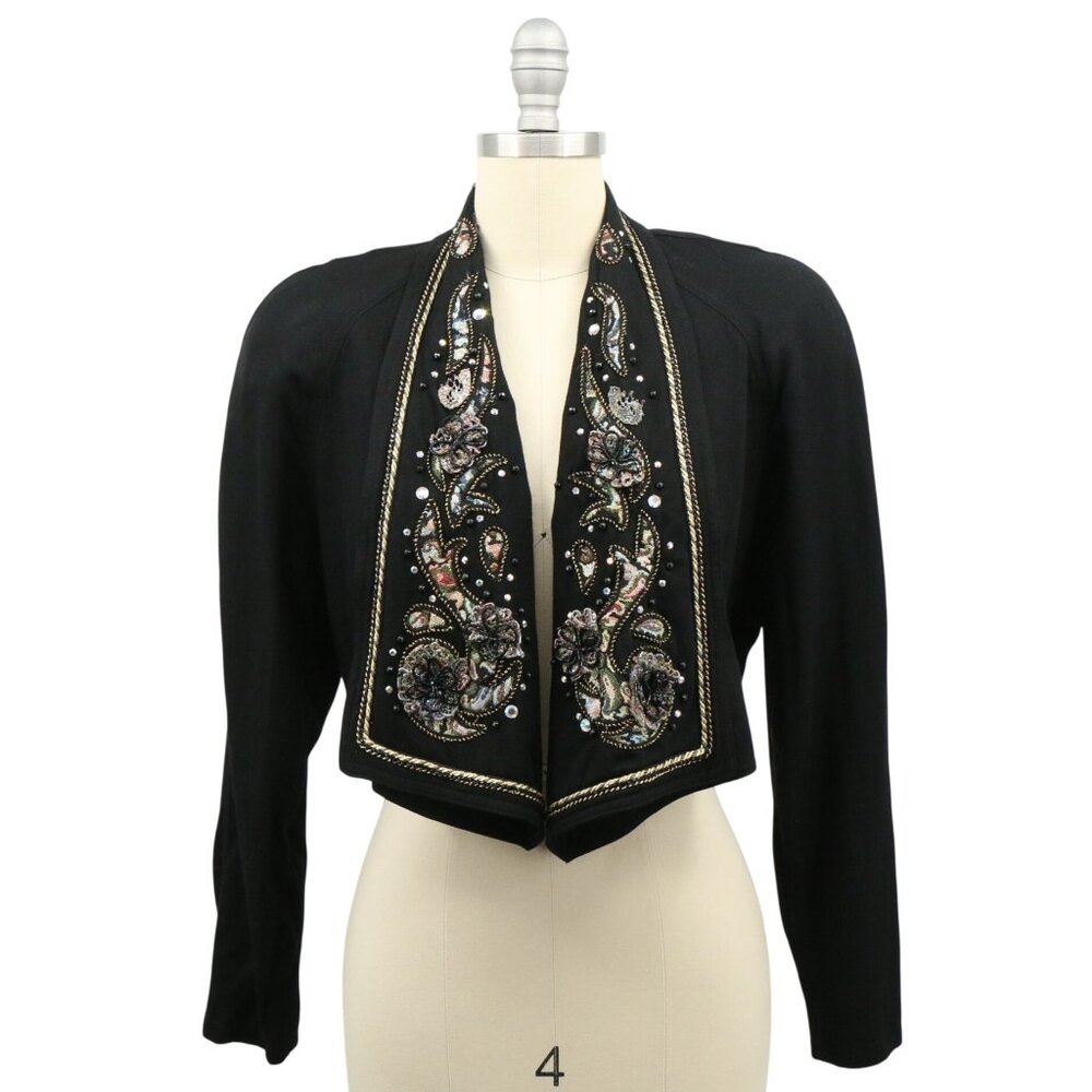 Vintage IIF Cropped Black Beaded Gold Tapestry Lace Applique Open Front Jacket S